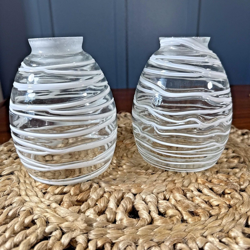Vintage Handblown Art Glass Pendant Lamp Shades Clear White Swirl Lot 2